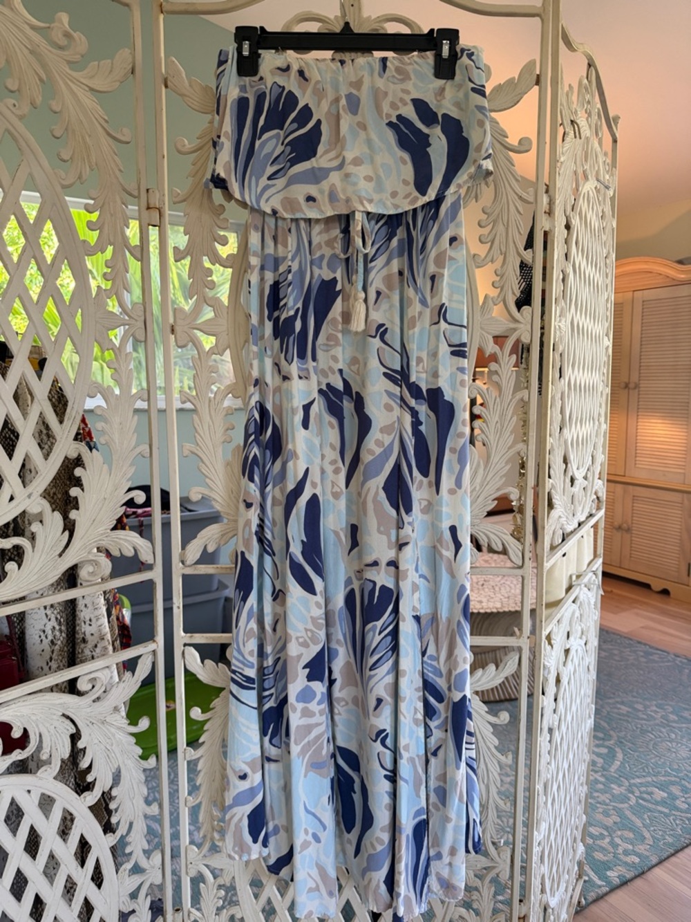 Japna Strapless Maxi Dress in Blue and Cream Abstract Print